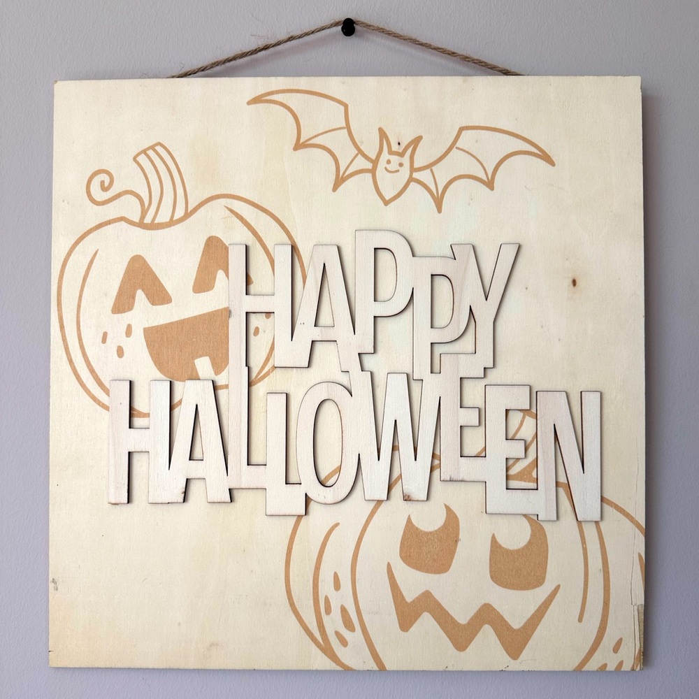 Happy Halloween Wood Laser Cut Out Sign Craft Halloween Decor Pumpkins Bat 14.5”